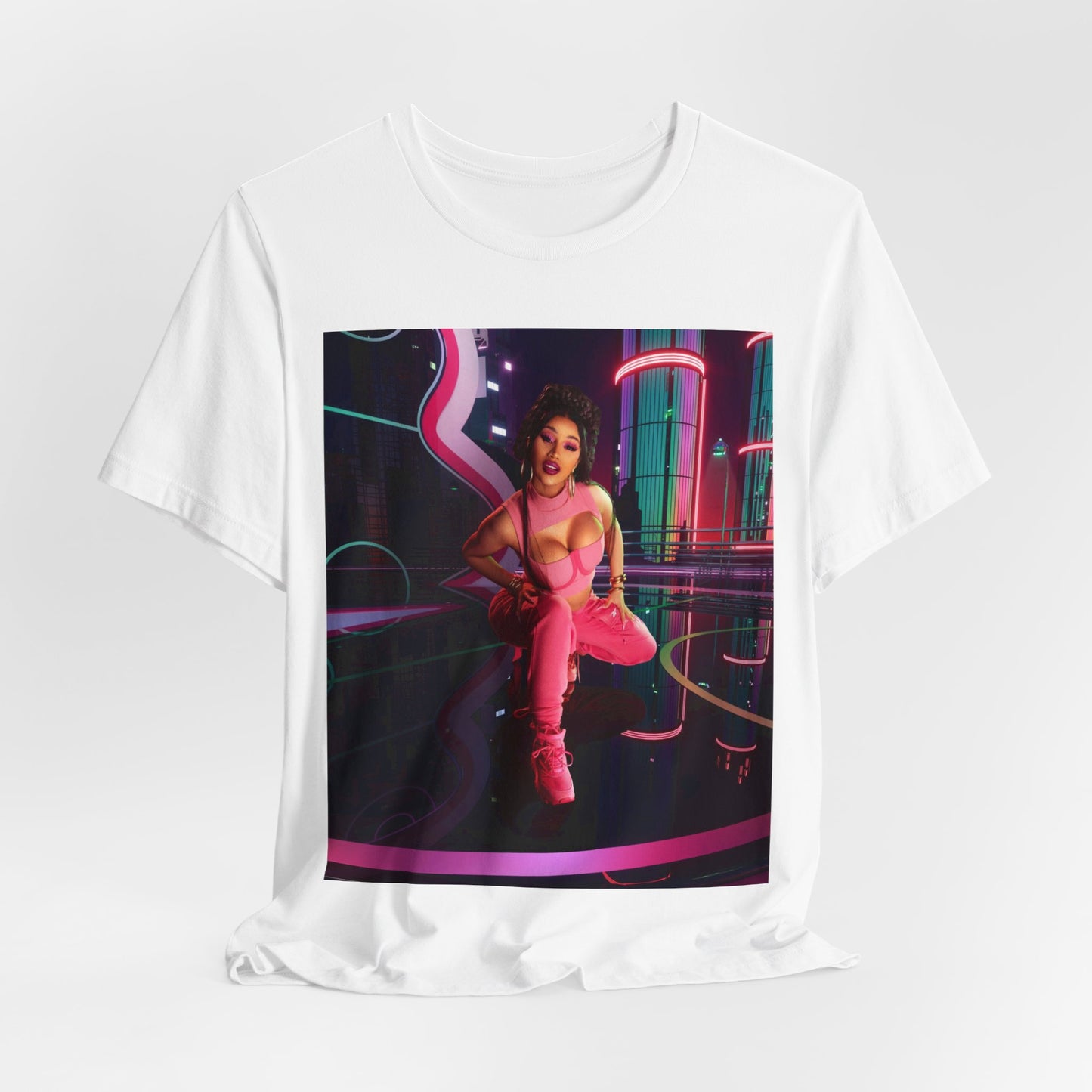 A black graphic t-shirt featuring a graphic related to Cardi B's "WAP" song or era.