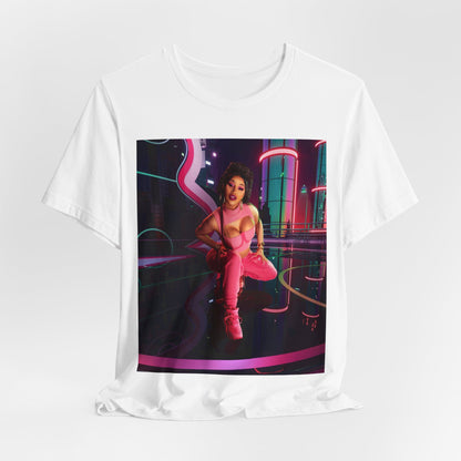 A black graphic t-shirt featuring a graphic related to Cardi B's "WAP" song or era.