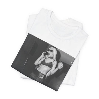 A black graphic t-shirt featuring a graphic of Ava Max with a 'rebel chic' or edgy pop aesthetic.