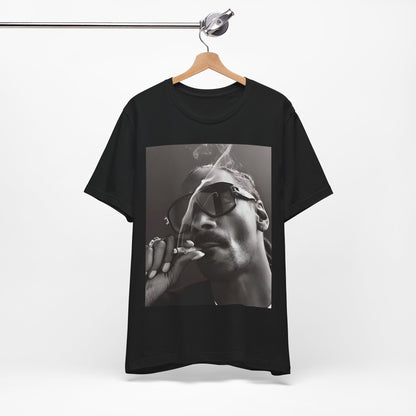 A black graphic t-shirt featuring an iconic black and white shaded portrait graphic of Snoop Dogg.