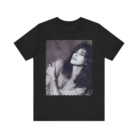 A black graphic t-shirt featuring a bold 80s superstar graphic of Laura Branigan.