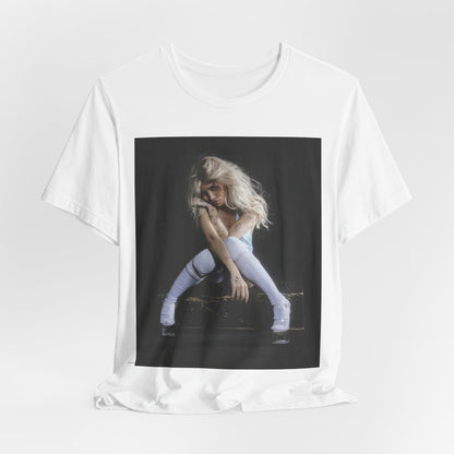 A black graphic t-shirt featuring a graphic of Nessa Barrett with dark pop vibes aesthetic.