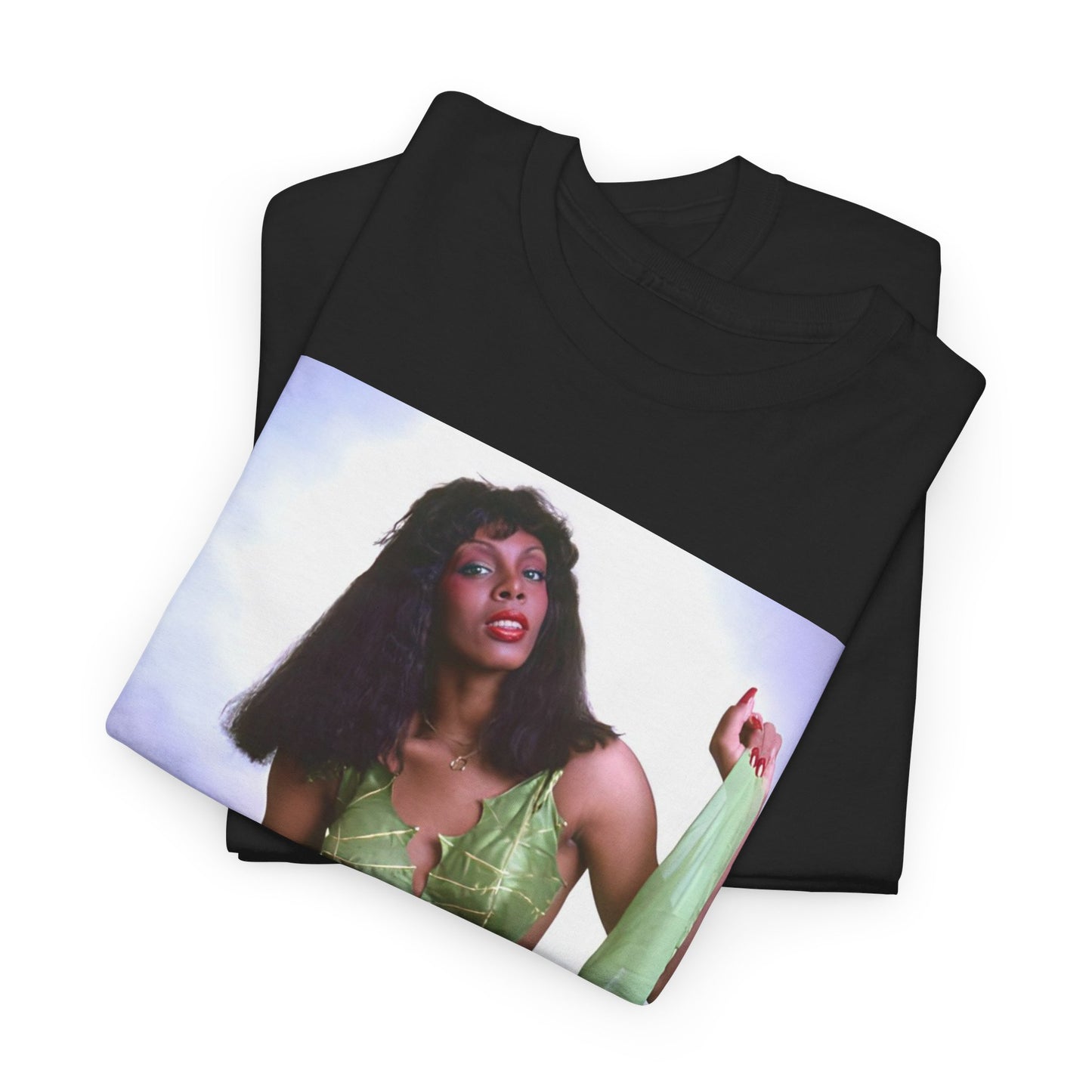 A black graphic t-shirt featuring an 80s pop icon aesthetic graphic of Donna Summer.