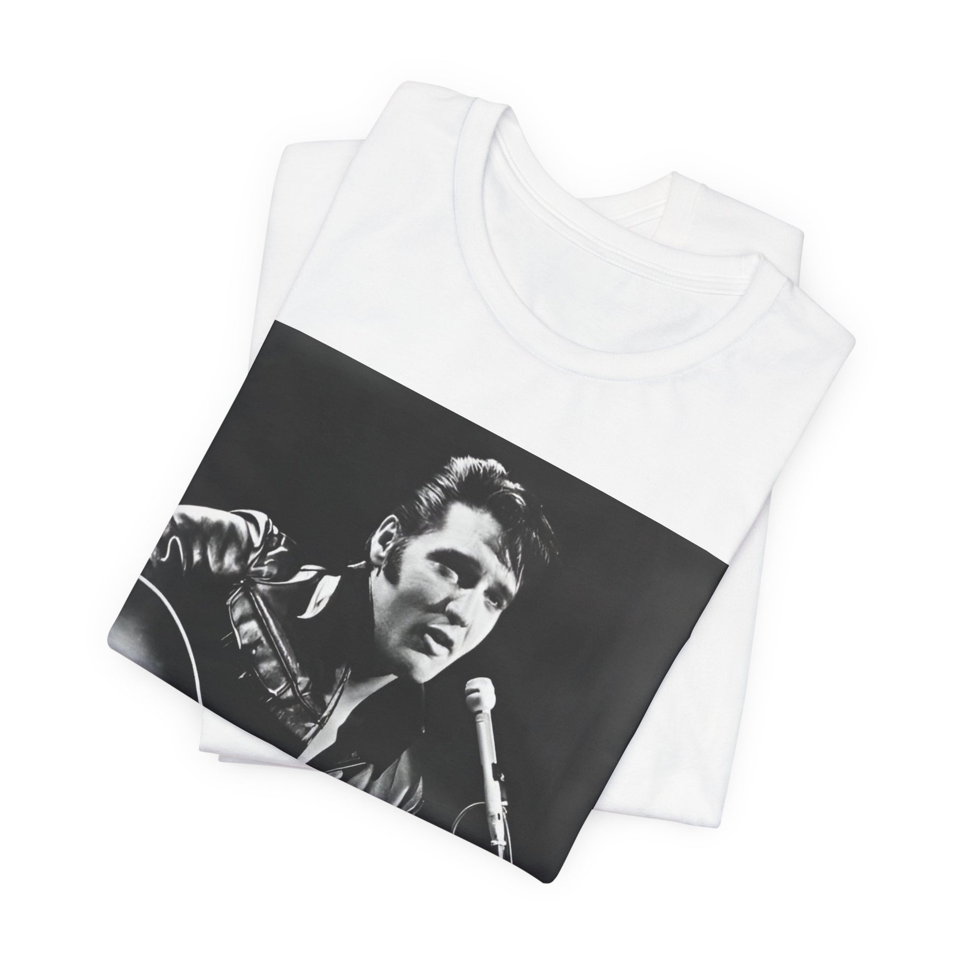 A black graphic t-shirt featuring a graphic related to Elvis Presley's 'Burning Love' song or era.