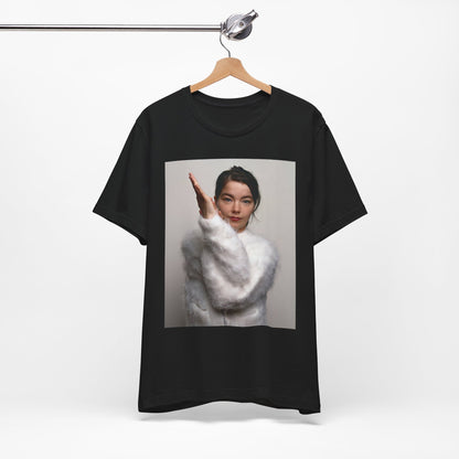 A black graphic t-shirt featuring a classic indie music graphic of Bjork.