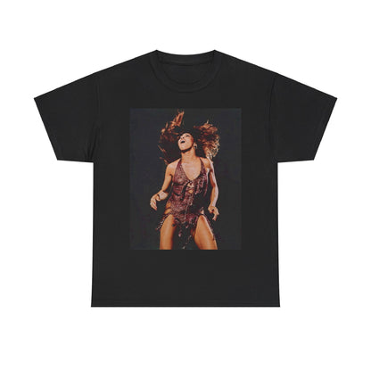 A black graphic t-shirt featuring an authentic live performance graphic of Tina Turner.