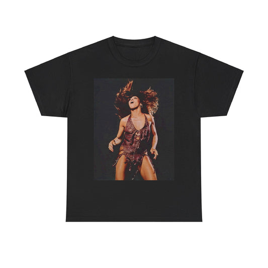 A black graphic t-shirt featuring an authentic live performance graphic of Tina Turner.