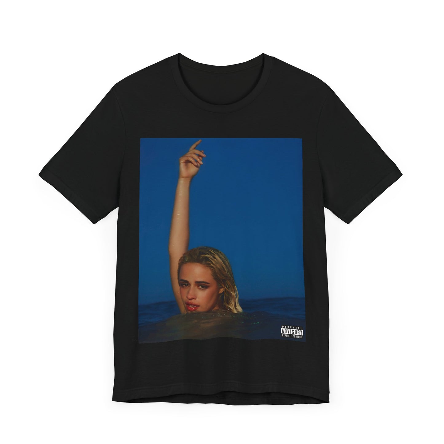 A black graphic t-shirt featuring a graphic related to Camila Cabello's C,XOXO album.