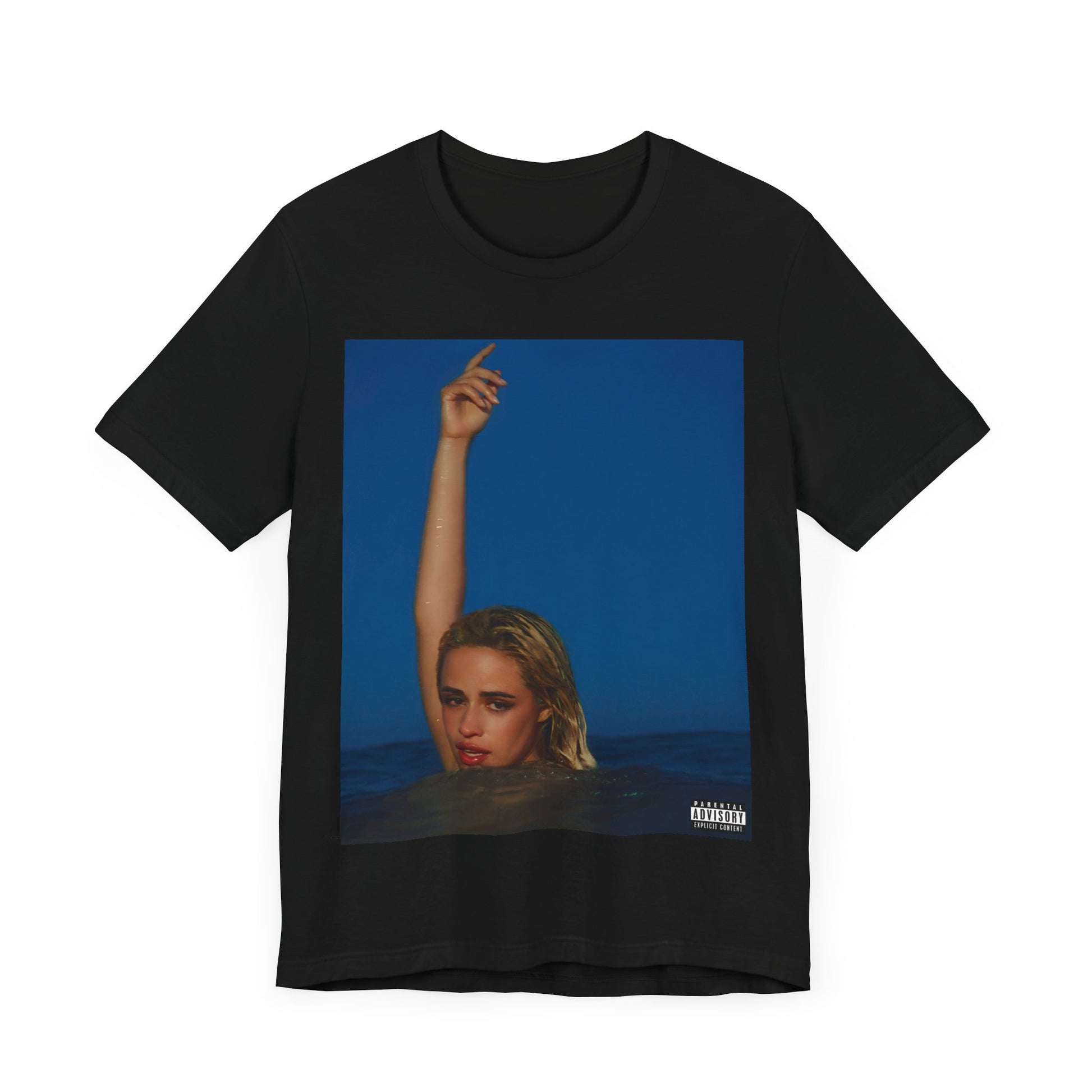 A black graphic t-shirt featuring a graphic related to Camila Cabello's C,XOXO album.