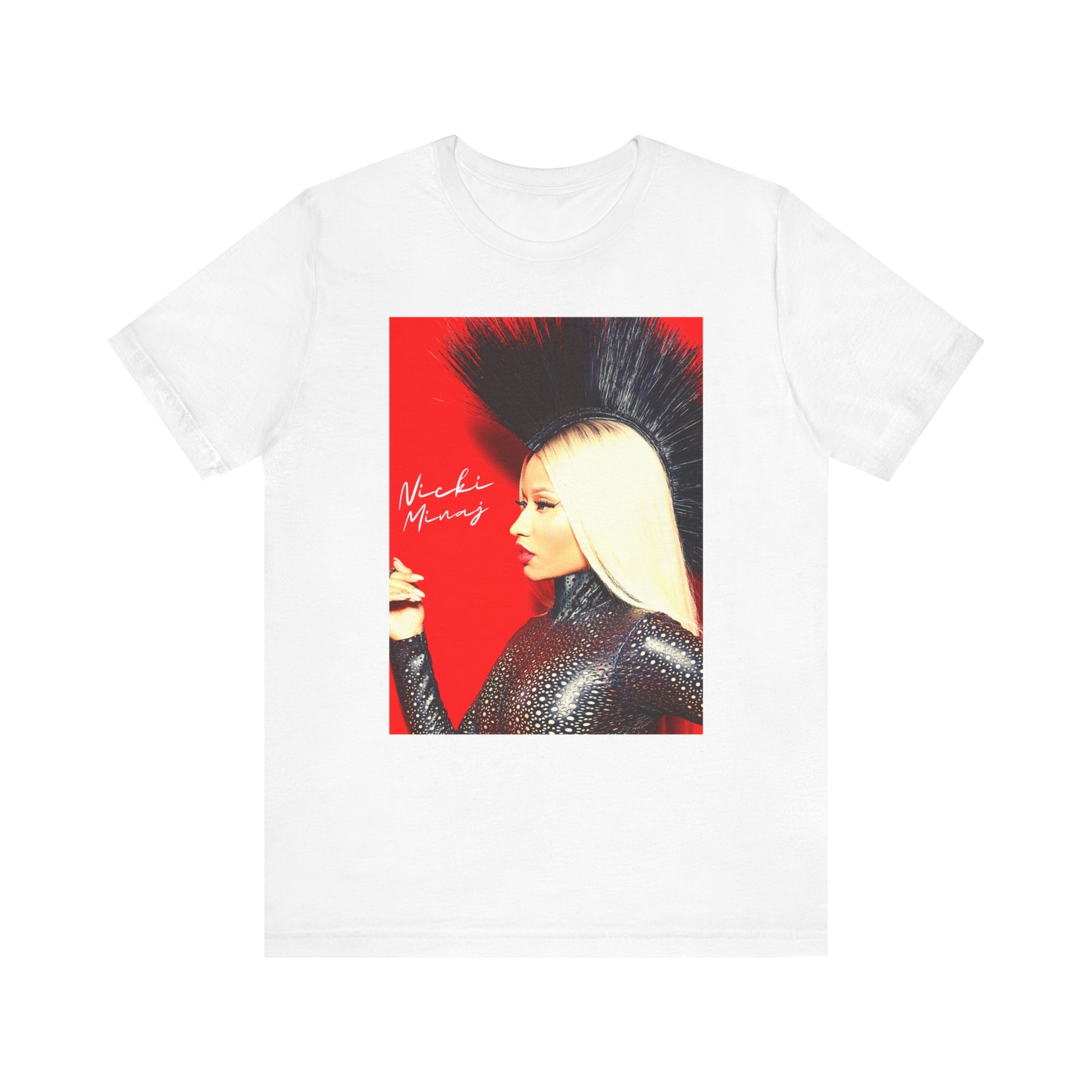 A black graphic t-shirt featuring a graphic of Nicki Minaj as a female rap pioneer.