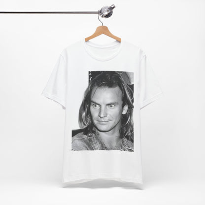 A black graphic t-shirt featuring a retro graphic related to Sting's 'Synchronicity' album era.
