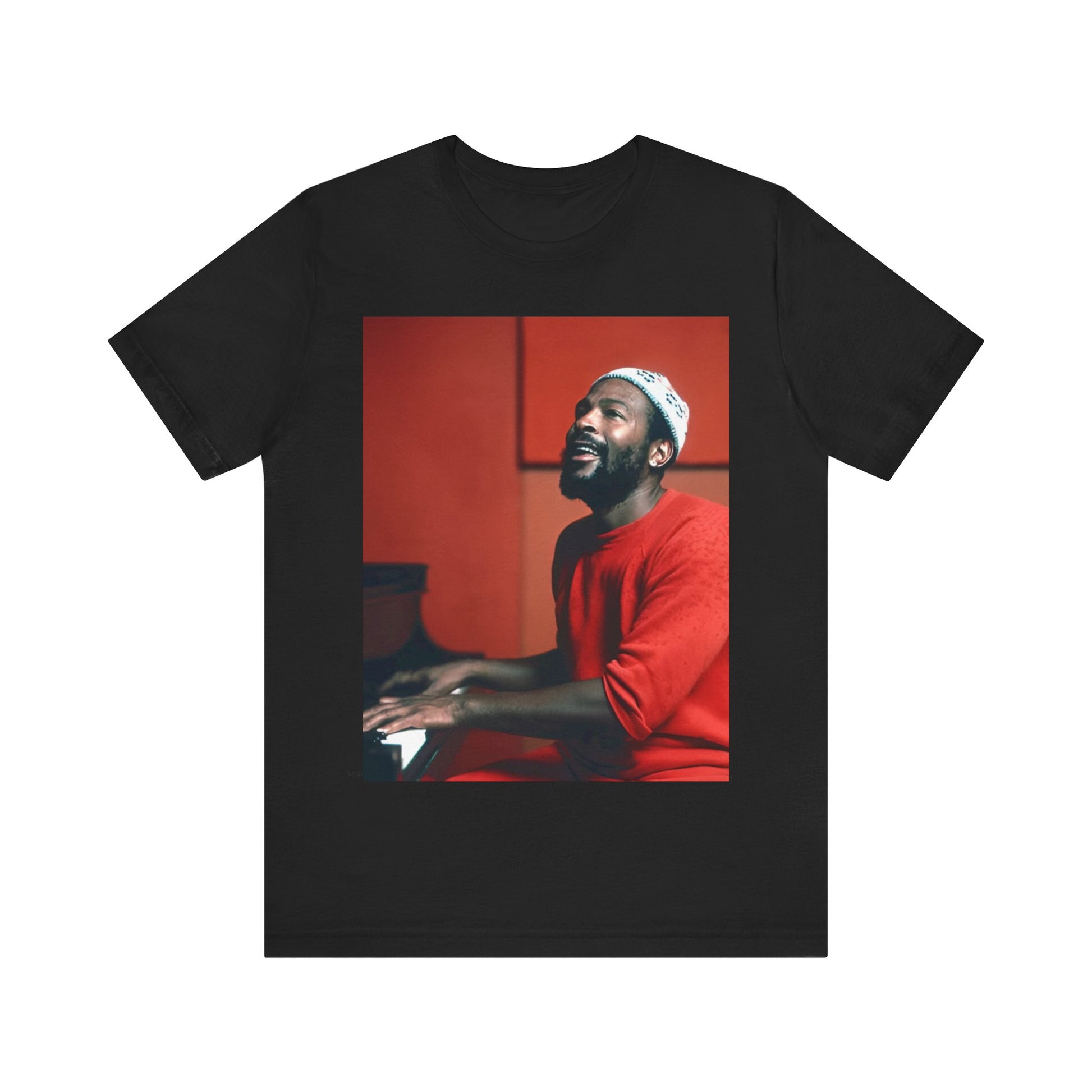 A black graphic t-shirt featuring a graphic of Marvin Gaye with a piano.