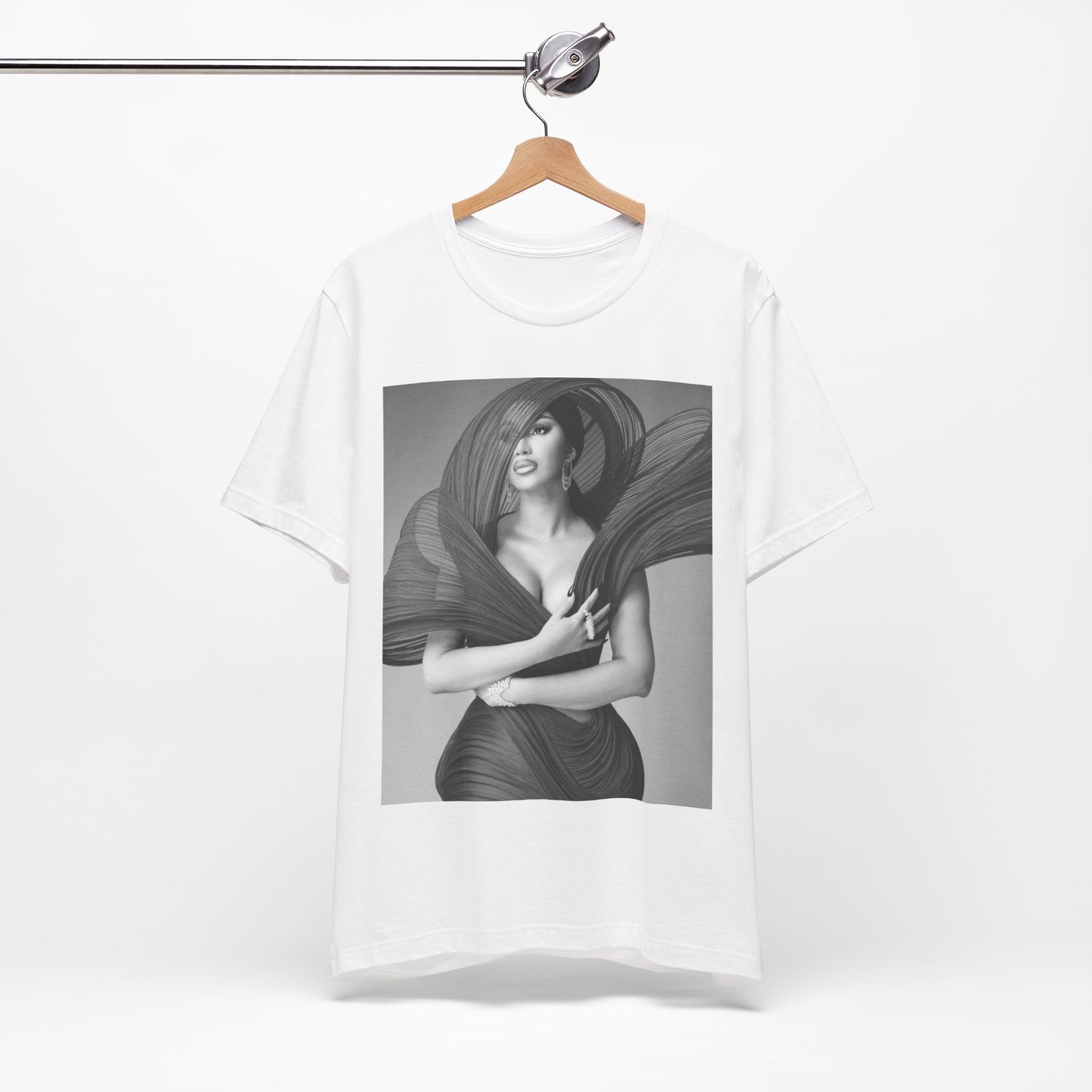 A black graphic t-shirt featuring a black and white graphic of Cardi B, emphasizing her 'Bronx Princess' or rap icon status.