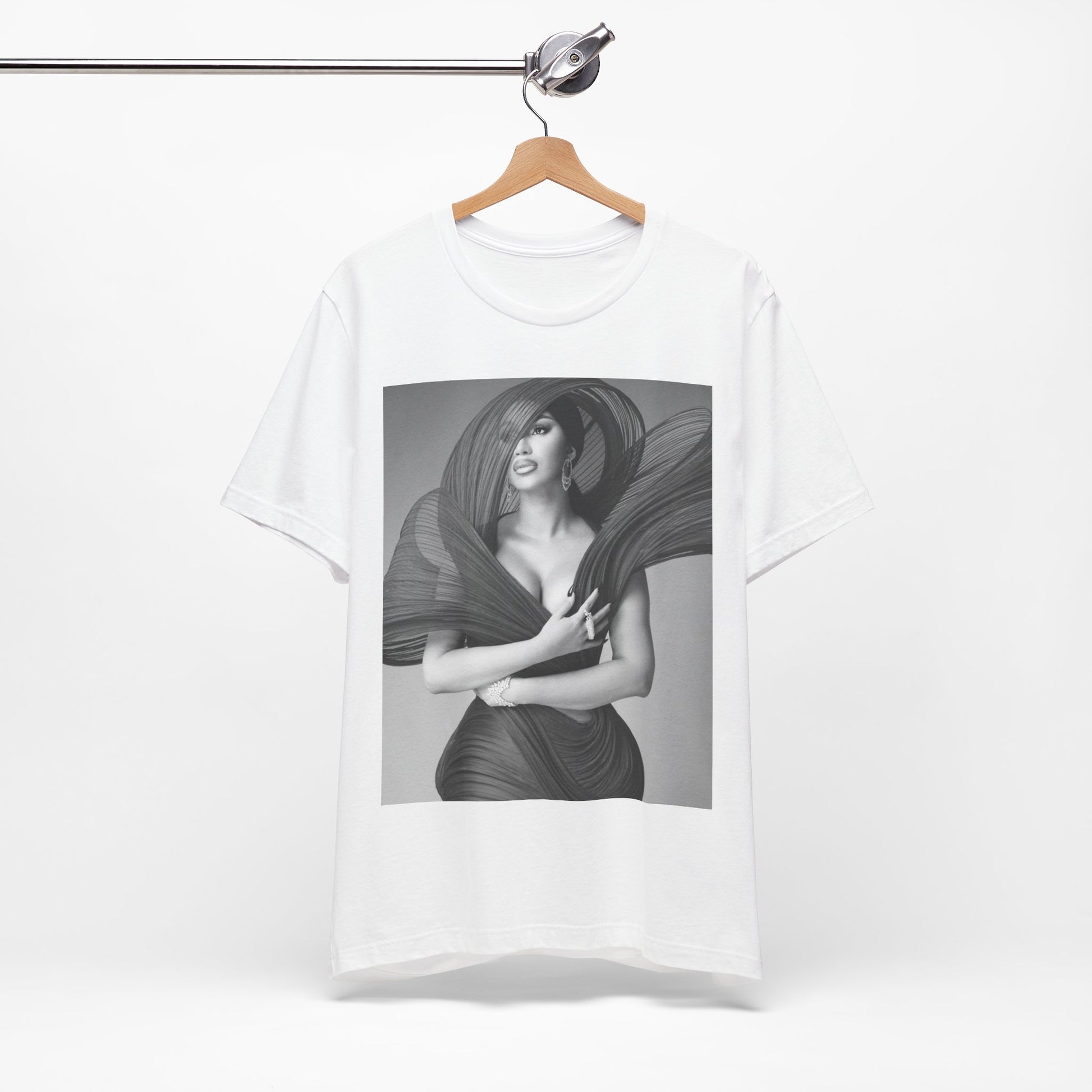A black graphic t-shirt featuring a black and white graphic of Cardi B, emphasizing her 'Bronx Princess' or rap icon status.