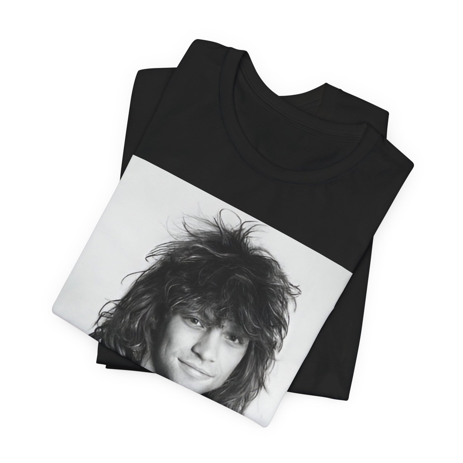 A black graphic t-shirt featuring a black and white photo of Bon Jovi from a 90s tour, performing on stage.