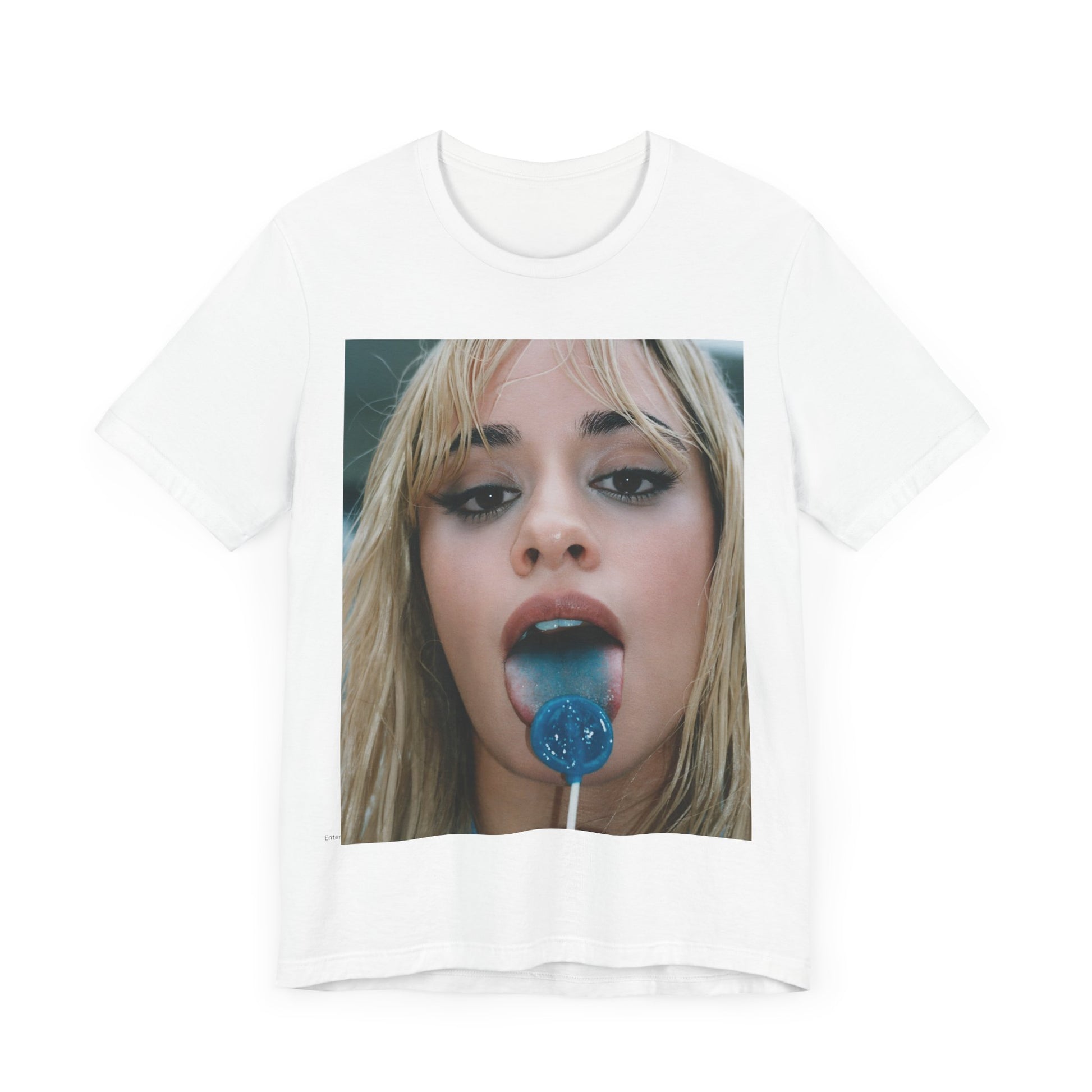 A black graphic t-shirt featuring a graphic related to Camila Cabello's C,XOXO album, with an aesthetic design.