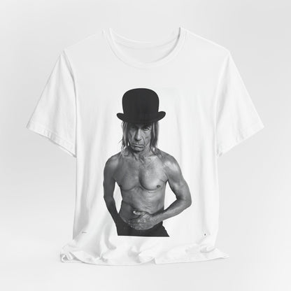 A black graphic t-shirt featuring a black and white photo of Iggy Pop wearing a hat.