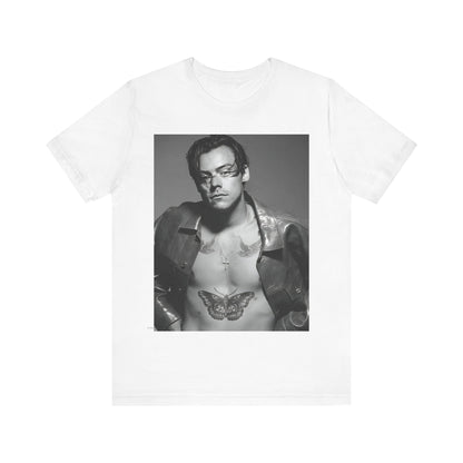 A black graphic t-shirt featuring a black and white portrait photo of Harry Styles.