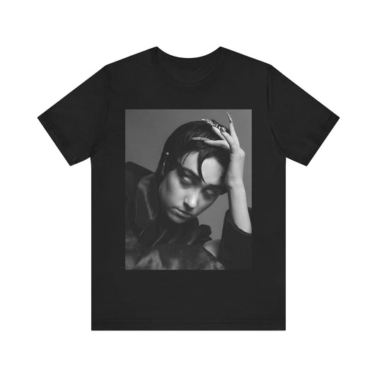 A black graphic t-shirt featuring a black and white graphic of Chappell Roan as a queer pop icon.
