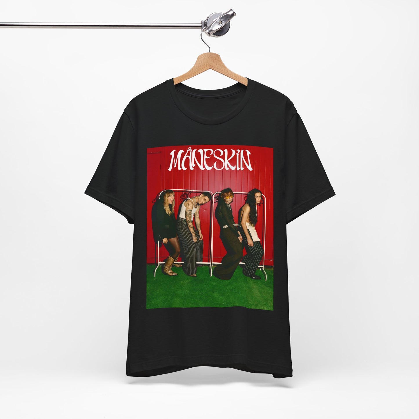 A black graphic t-shirt featuring a graphic related to Maneskin's 'RUSH' album era.