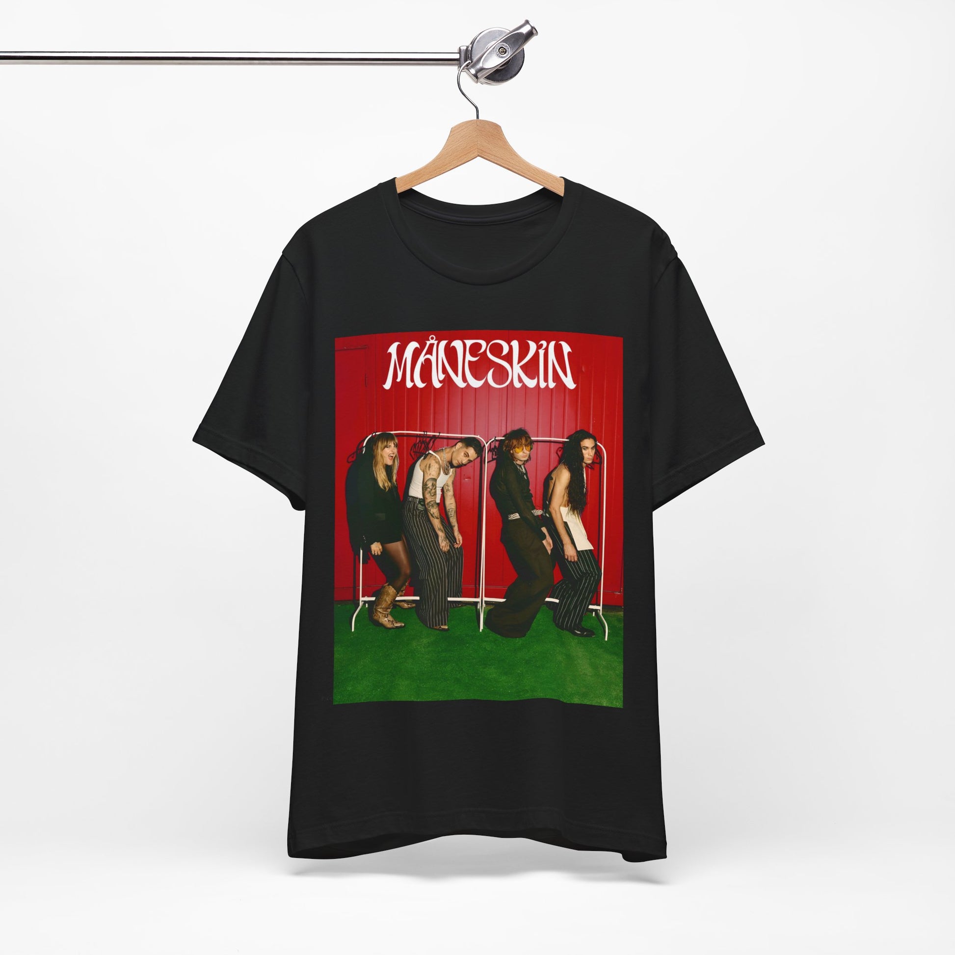 A black graphic t-shirt featuring a graphic related to Maneskin's 'RUSH' album era.