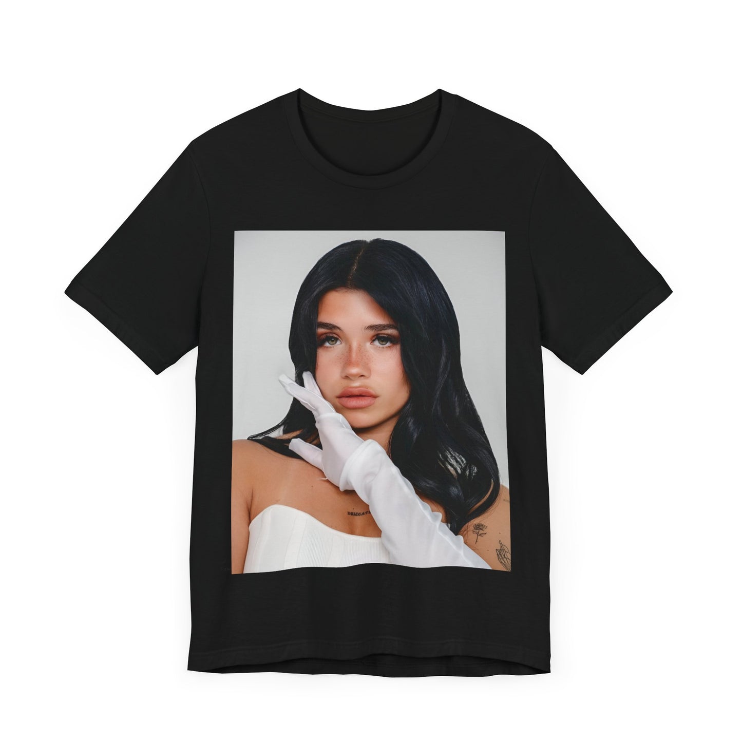 A black graphic t-shirt featuring a portrait graphic of Nessa Barrett.