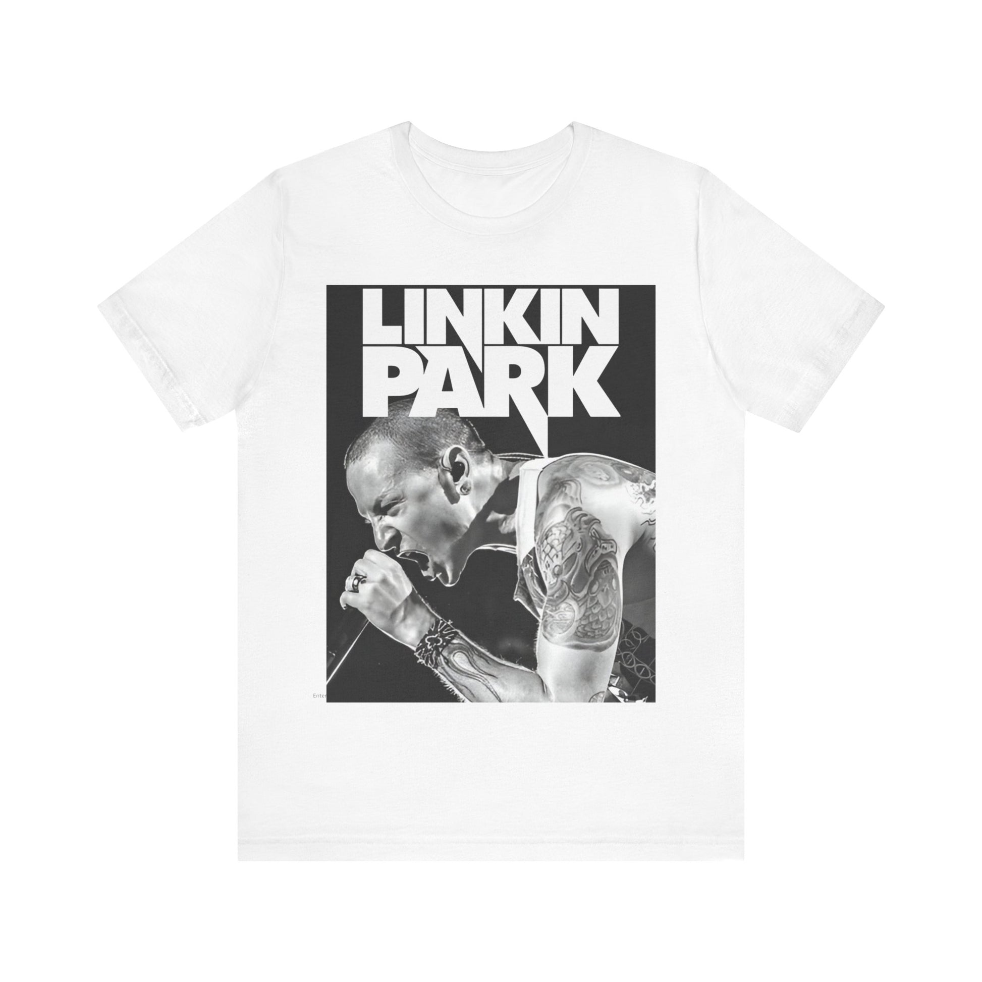 A black graphic t-shirt featuring a black and white graphic or photo portrait of Chester Bennington from Linkin Park.