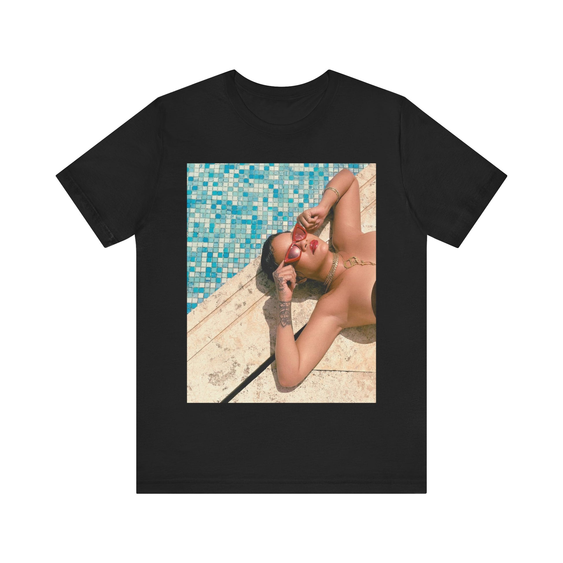 A black graphic t-shirt featuring a graphic of Rihanna in swimwear as a pop star queen.