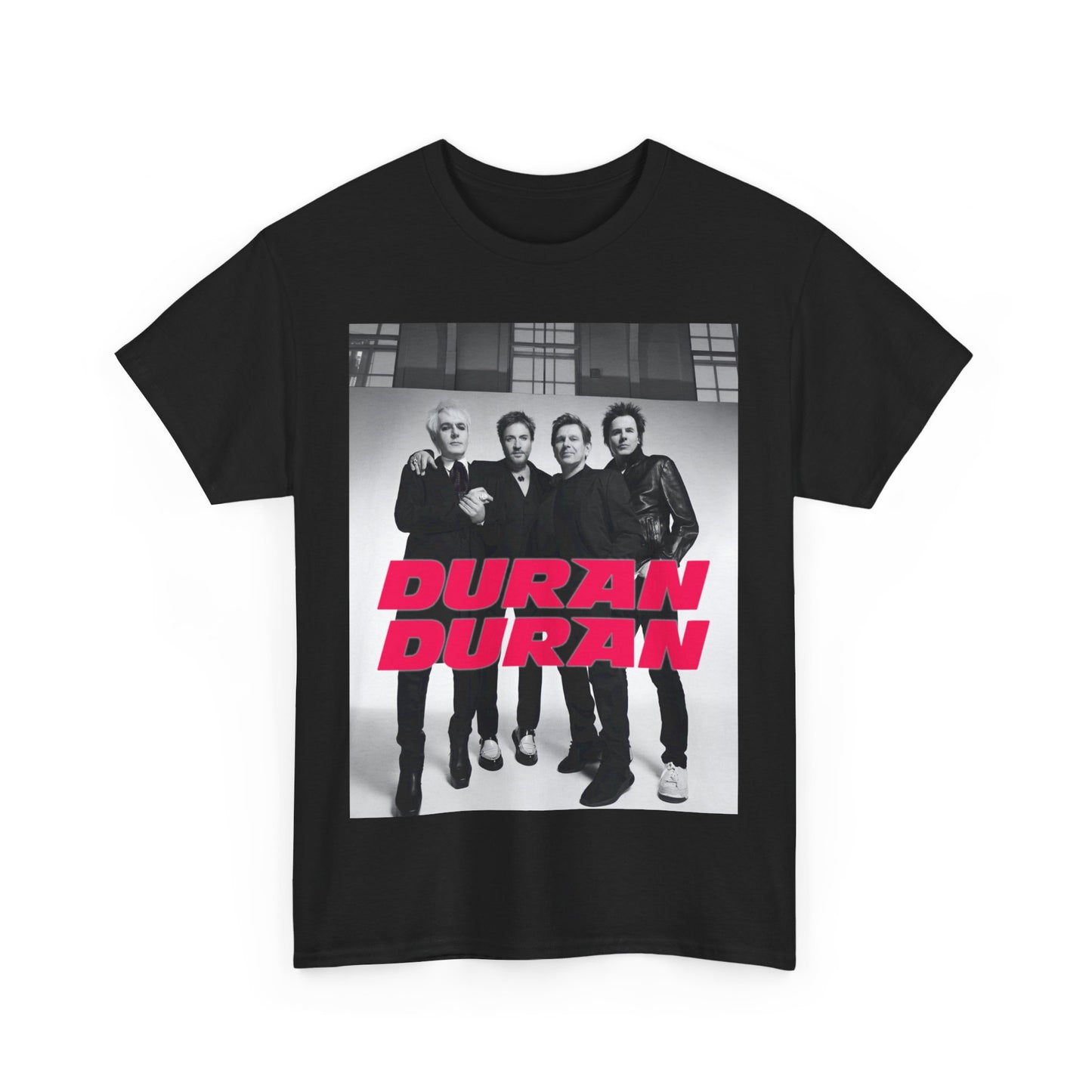 A black graphic t-shirt featuring a glam pop aesthetic graphic of Duran Duran.