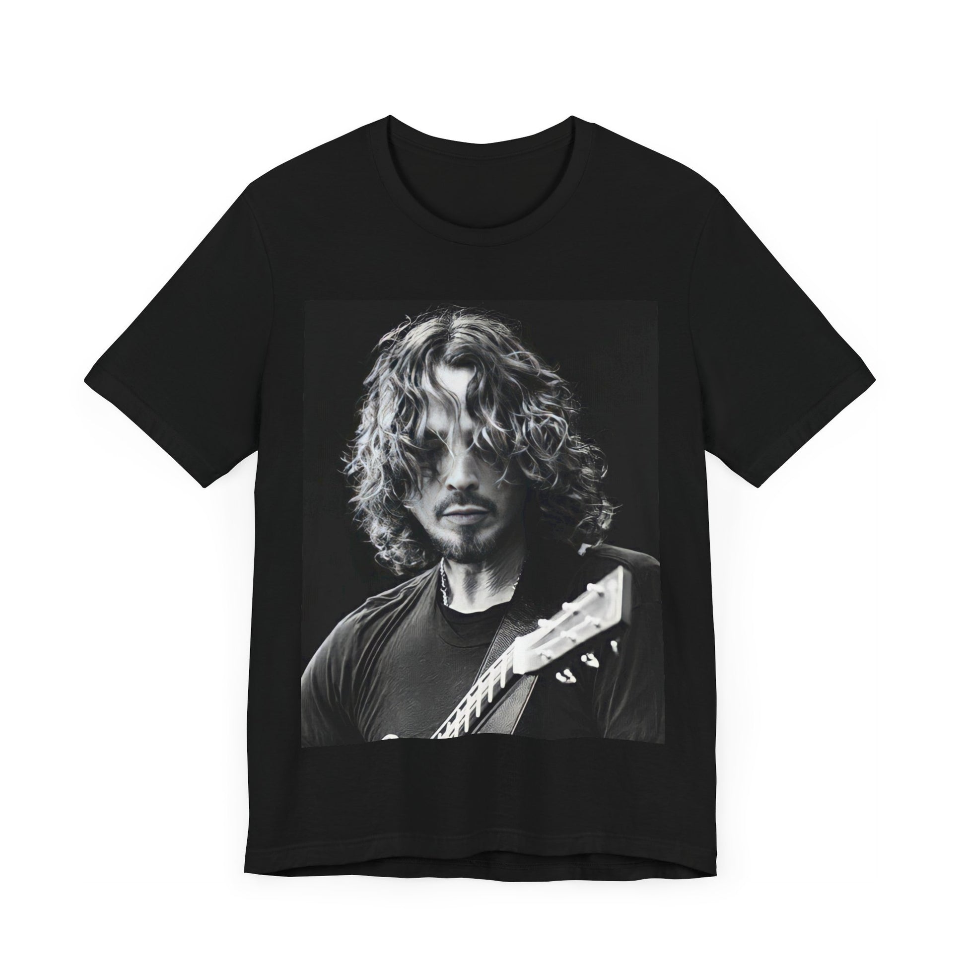 A black graphic t-shirt featuring a graphic of Chris Cornell performing live on tour in the 1990s.
