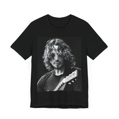 A black graphic t-shirt featuring a graphic of Chris Cornell performing live on tour in the 1990s.