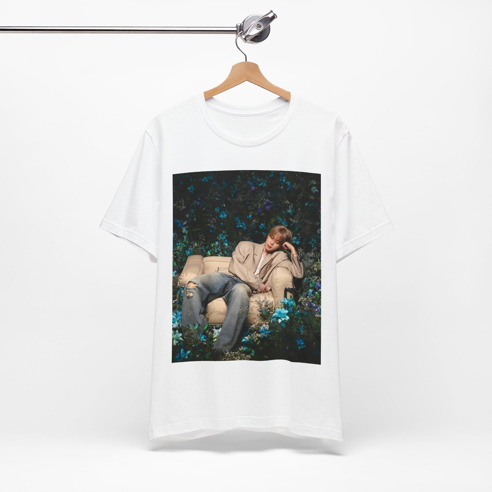A black graphic t-shirt featuring an aesthetic graphic of Jimin in a K-Pop style.