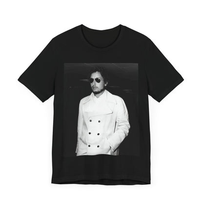 A black graphic t-shirt featuring a vintage black and white photo of Bob Dylan in a contemplative or iconic pose.