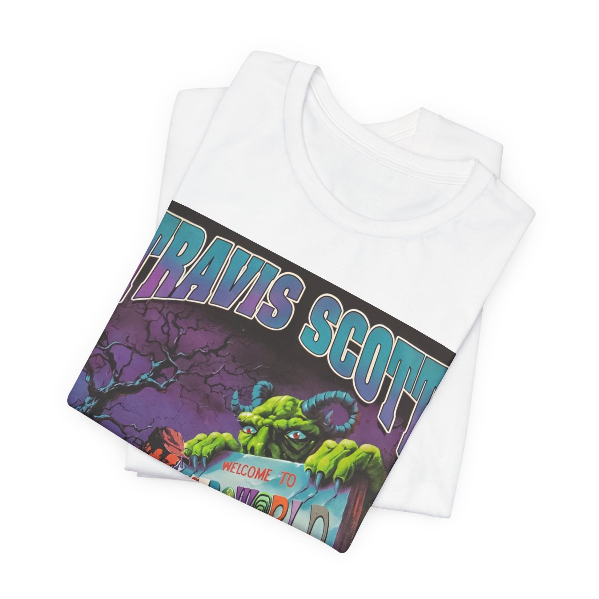 A black graphic t-shirt featuring a vintage graphic related to Travis Scott's Astroworld album.