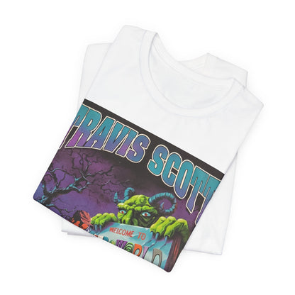 A black graphic t-shirt featuring a vintage graphic related to Travis Scott's Astroworld album.