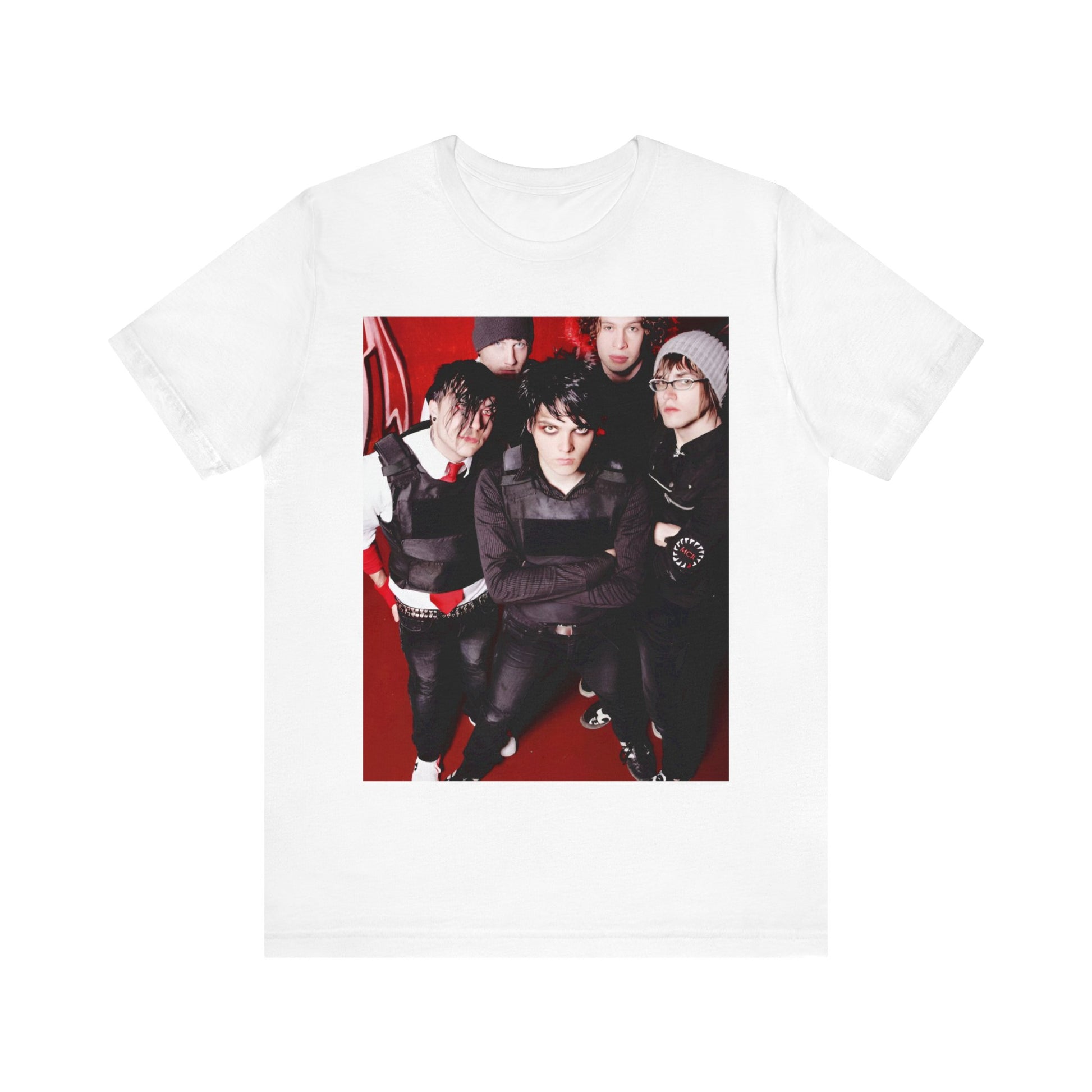 A black graphic t-shirt featuring a boxy graphic related to My Chemical Romance's 'Black Parade' album era.