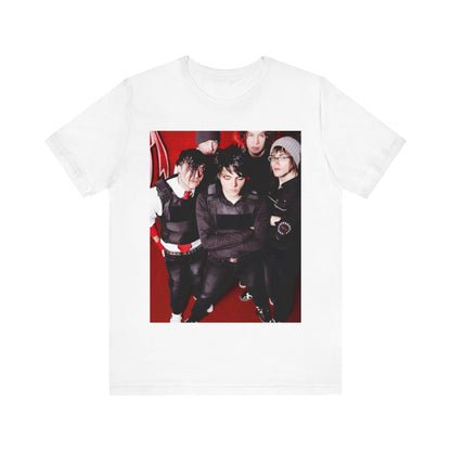A black graphic t-shirt featuring a boxy graphic related to My Chemical Romance's 'Black Parade' album era.