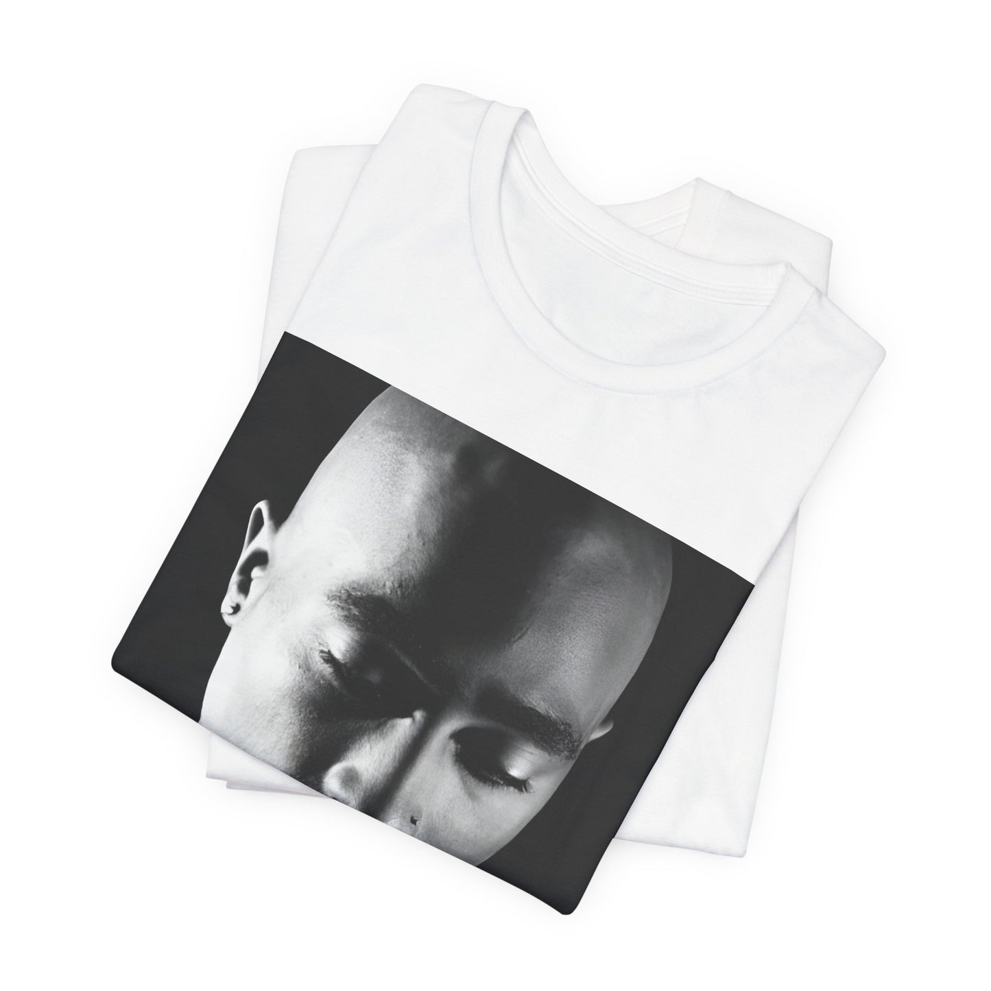 A black graphic t-shirt featuring a black and white streetwear rebel graphic of Tupac.