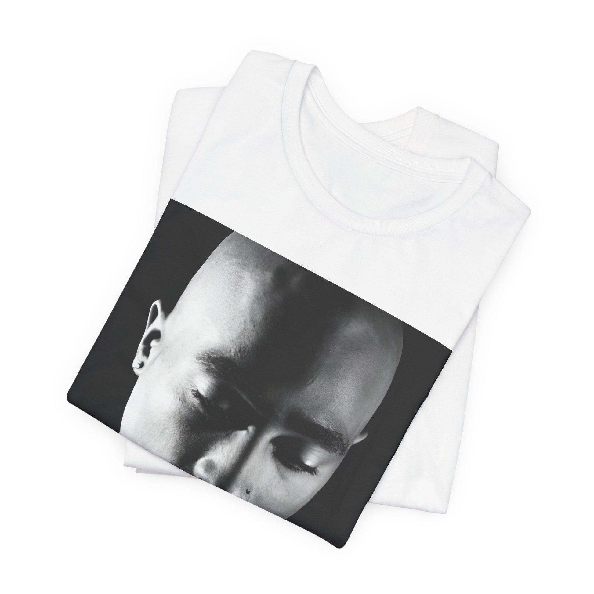 A black graphic t-shirt featuring a black and white streetwear rebel graphic of Tupac.