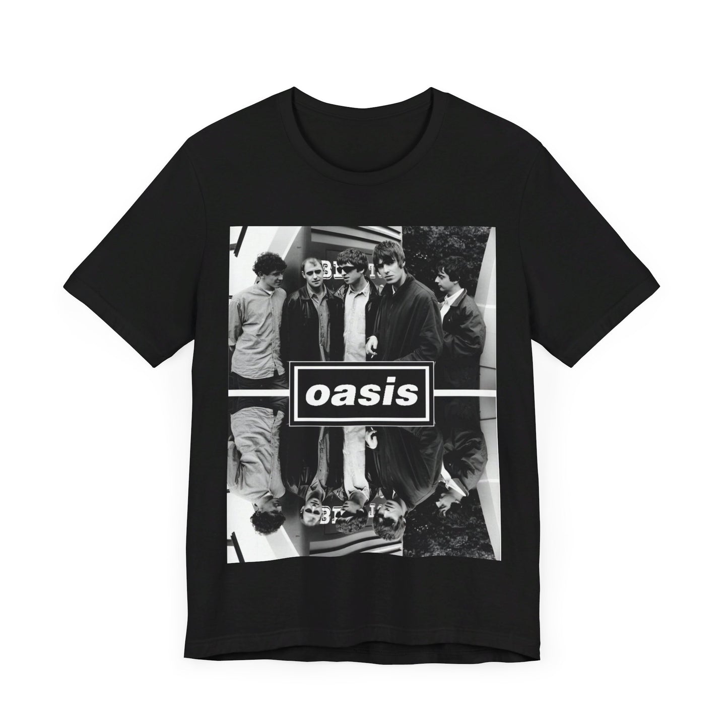 A black graphic t-shirt featuring an early days band photo graphic of Oasis.