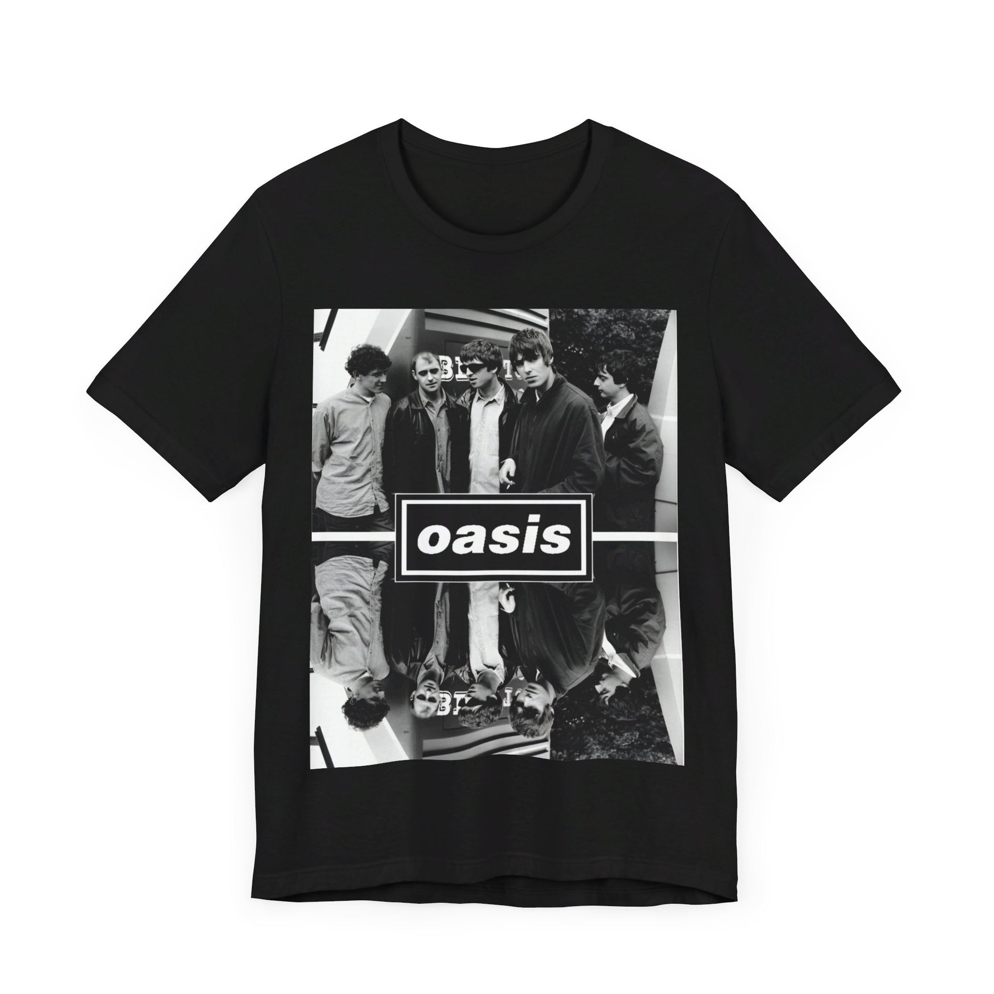 A black graphic t-shirt featuring an early days band photo graphic of Oasis.