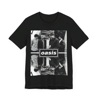 A black graphic t-shirt featuring an early days band photo graphic of Oasis.