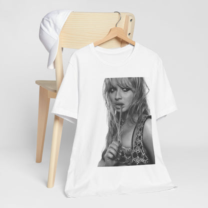 A black graphic t-shirt featuring a black and white portrait photo of Sabrina Carpenter.