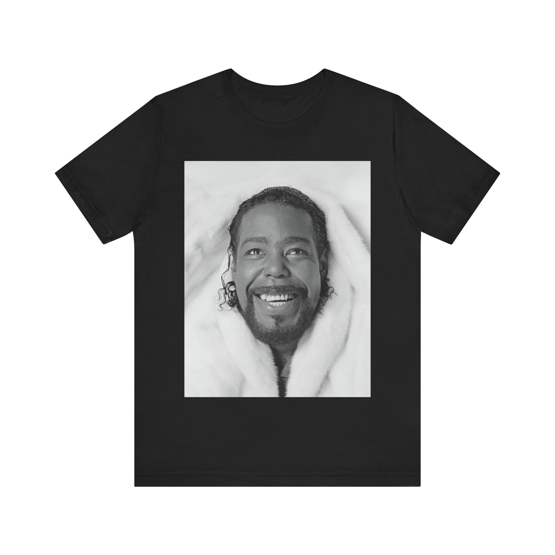 A black graphic t-shirt featuring a retro 70s-style graphic of Barry White as a soul icon.