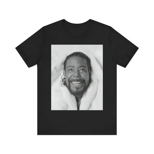 A black graphic t-shirt featuring a retro 70s-style graphic of Barry White as a soul icon.
