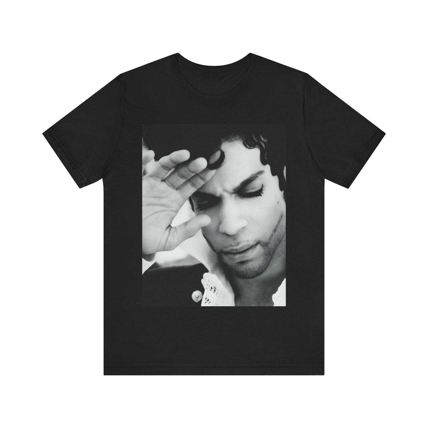 A black graphic t-shirt featuring a black and white graphic or photo portrait of Prince.