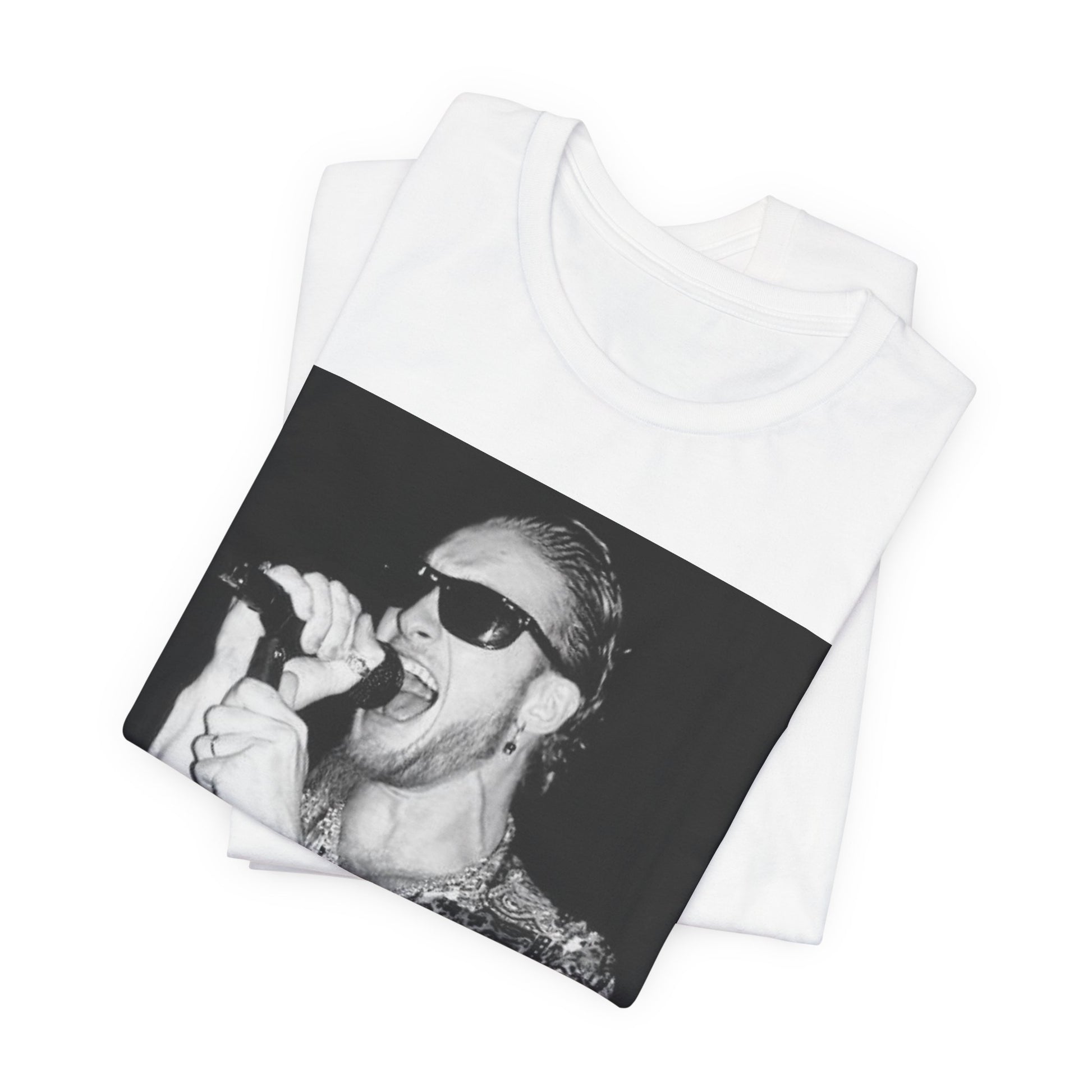 A black graphic t-shirt featuring an iconic black and white portrait photo of Layne Staley from Alice In Chains, showing his distinctive look.