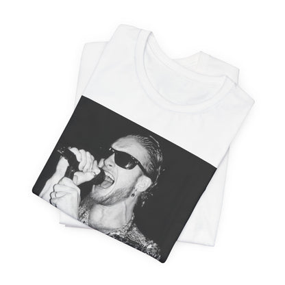 A black graphic t-shirt featuring an iconic black and white portrait photo of Layne Staley from Alice In Chains, showing his distinctive look.