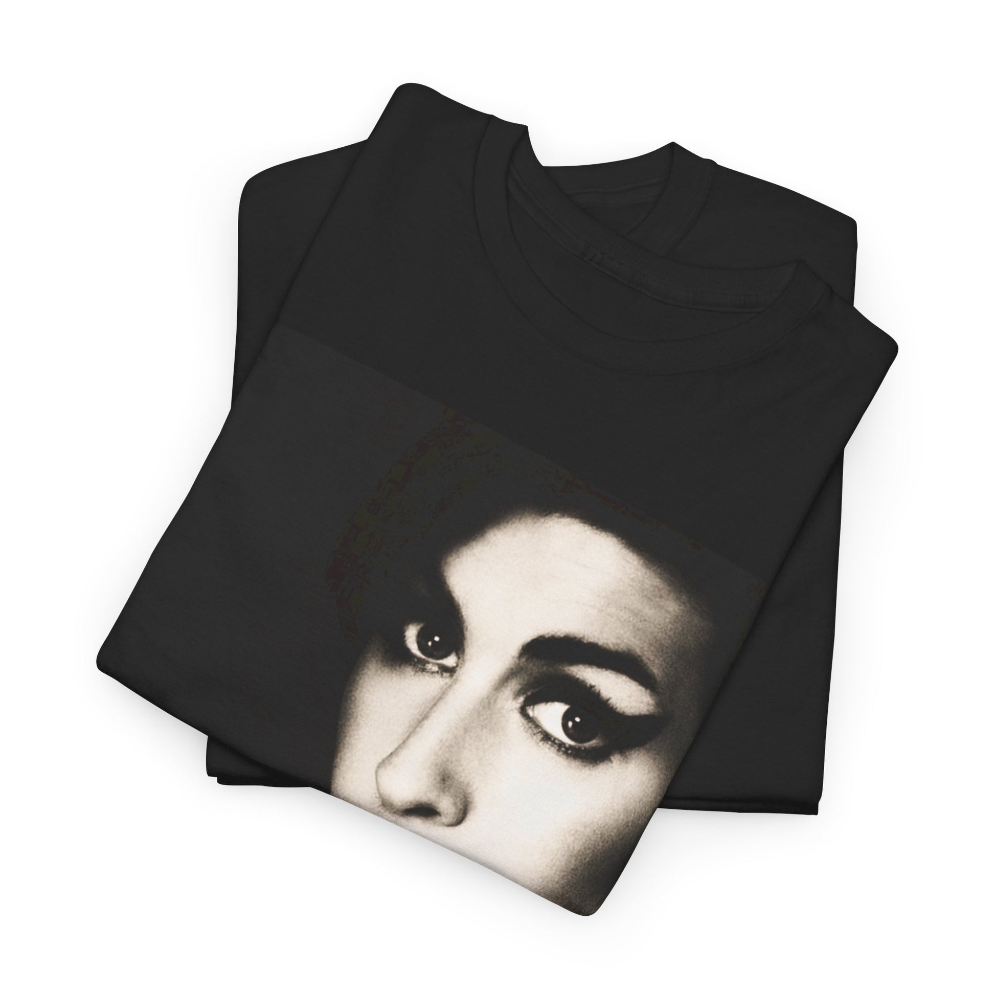 A black graphic t-shirt featuring a stylized graphic of Amy Winehouse, designed to represent her enduring legacy, possibly with her name or iconic elements.
