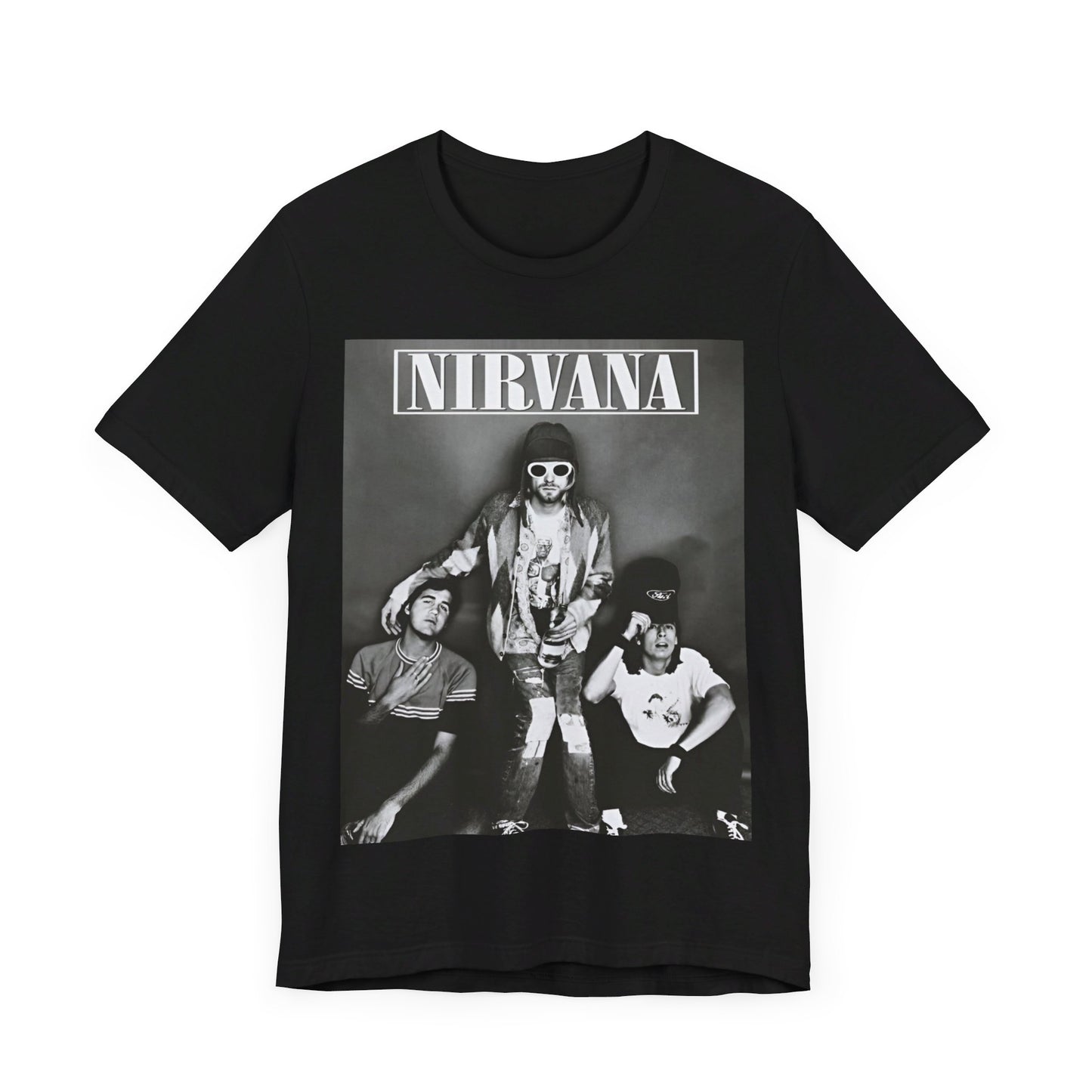 A black graphic t-shirt featuring a 90s rock rebels graphic of Nirvana.